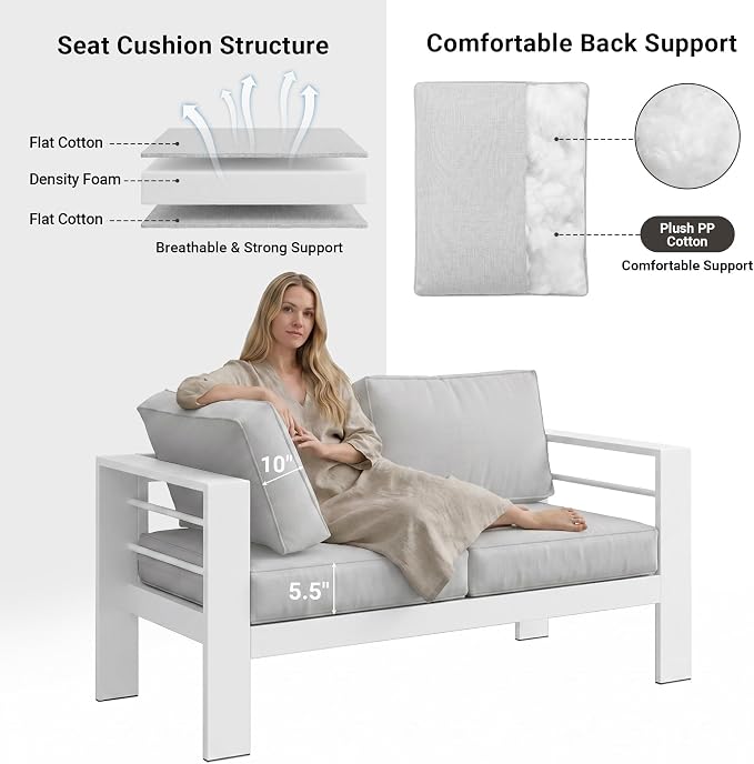 Solaste Outdoor Loveseat Aluminum Patio Furniture Sofa, All-Weather Metal Outdoor Couch with Cushions,Light Grey