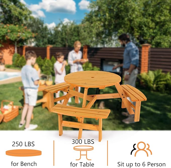 VINGLI 6 Person Wooden Picnic Table, Outdoor Picnic Table with 3 Build-in Benches, Round Patio Table and Bench Set with Umbrella Hole for Backyard, Garden, Pool, Natural Wood