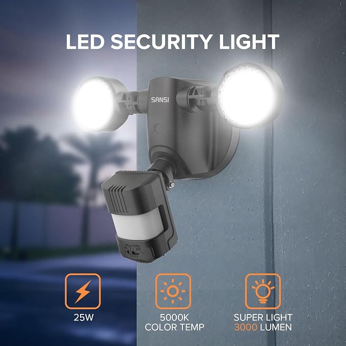 SANSI 25W 3000LM Motion Sensor Outdoor Security Lights | 5000K Daylight, Dusk to Dawn, 320° Angle Eave Mount Super Bright for Yard, IP65 Waterproof, 4 Modes, ETL Listed, Black