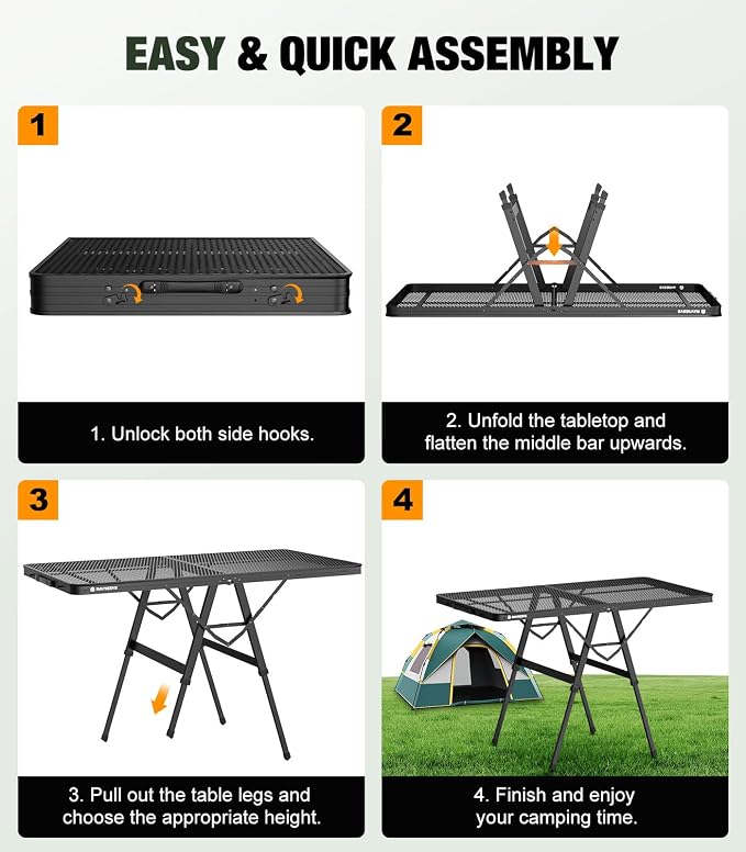 Raynesys Foldable Grill Table with Mesh Desktop, 200lbs 4Ft Portable Folding Table, Height Adjustable Metal Table for Ourdoor, Camping, Picnic, BBQ and Beach, RV, 47.24" L x 23.62" W