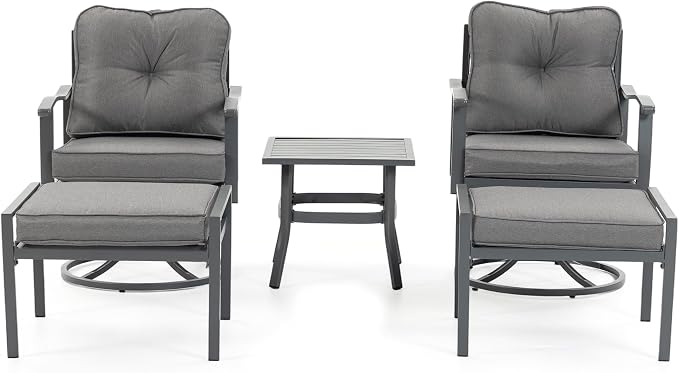 Patio Furniture Set, 5 Pieces Outdoor Patio Furniture Sets,Outdoor Metal Conversation Set Sofas with 2 Swivel Chairs,2 footstools,1 Side Table,Wrought Iron with Cushion