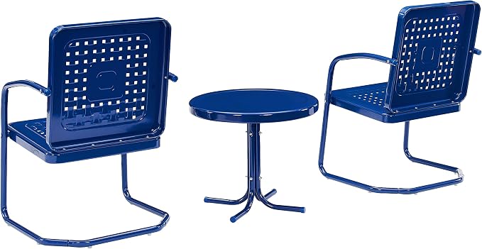 Crosley Furniture Bates 3-Piece Outdoor Chair and Side Table Set, Retro Metal Bistro Patio Conversation Sets, Navy Gloss