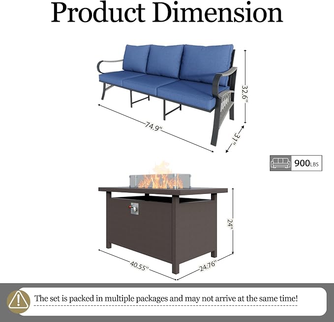 Outdoor Furniture Set, Patio Conversation Set Include 2 x 3-Seater and Fire Pit Table for Deck, Porch, Garden, Backyard, Poolside (Blue, 3-Piece)