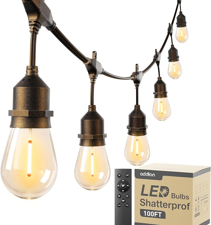 addlon 100FT Outdoor String Lights with Remote Dimmable Waterproof Patio | 50 Warm White Edison Bulbs, Heavy Duty Shatterproof Hanging Strand for Outside Backyard Porch Garden Bistro Pergola Party