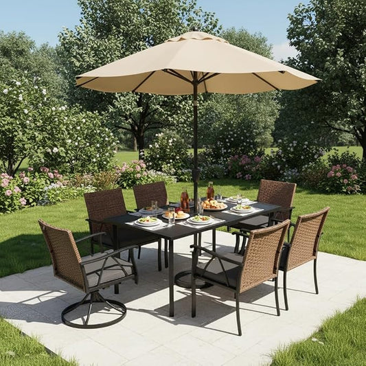 KEIKI Outdoor Dining Set, 7 Pieces Patio Furniture Set with Steel Tabletop and Swivel Chairs, Wicker Table and Chairs Set with Umbrella Hole for Backyard, Garden and Deck