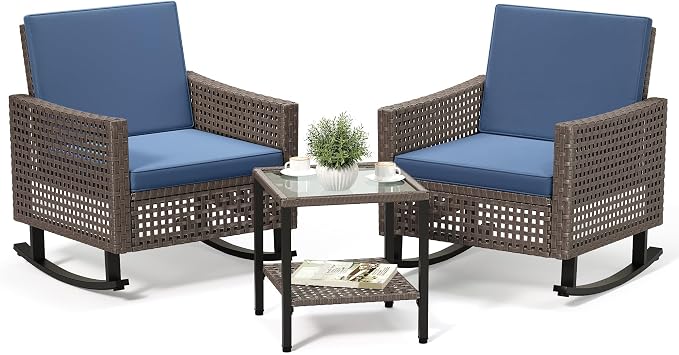 YITAHOME 3 Pieces Patio Wicker Rocking Chair Set, Outdoor Patio Furniture Set with Rattan Side Table, Thickened Cushions, Rocker Patio Chairs Set for Porch, Poolside, and Yard, Blue