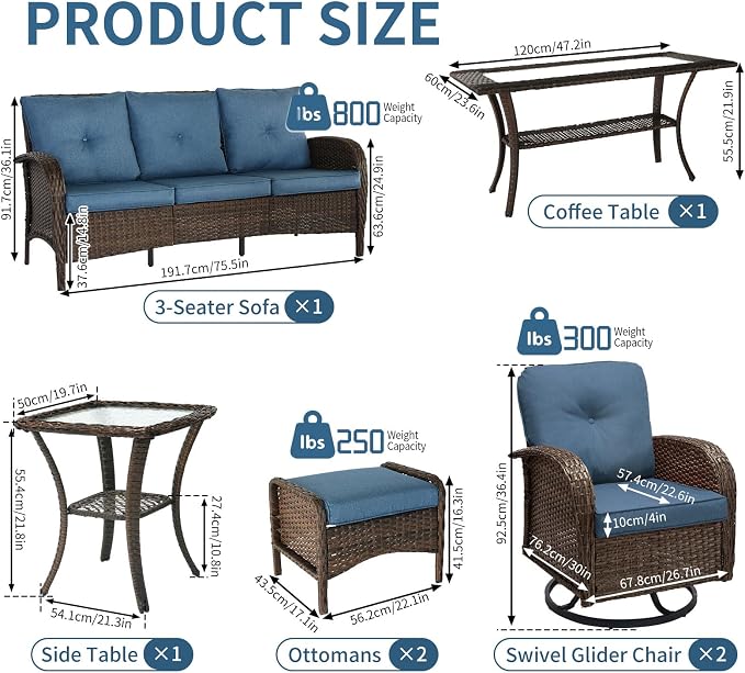 Outdoor Swivel Rocker Patio Chairs (Brown Wicker/Blue Cushion, 7PC/Sofa & Swivel &2 Table & Ottomans)