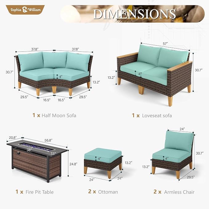 Sophia & William Patio Furniture Set with Fire Pit Table, 9 Piece Half Moon Outdoor Wicker Sectional Sofa Set, Rattan Conversation Set with 56-Inch Fire Pit Table & Ottoman (Aqua Blue)