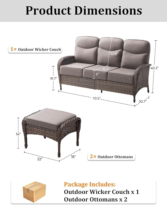 3-Piece Luxury Patio Furniture Sofa Set with 6-Inch Thick Cushions– Outdoor Wicker Conversation Set with Covered Couch, Multifunctional Ottoman & All-Weather Seating for Backyard, Porch, Garden Gray