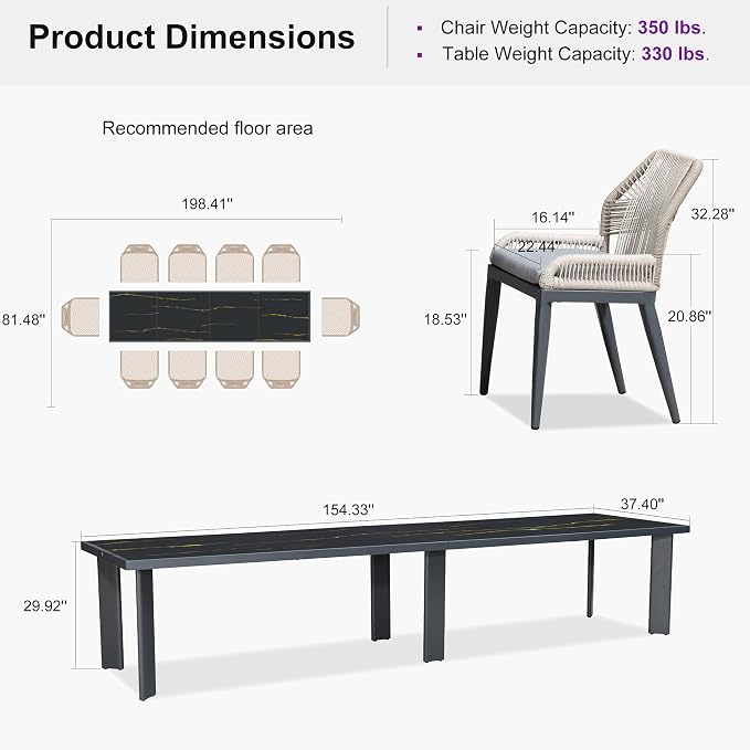 PURPLE LEAF 11 Pieces Patio Dining Set Aluminum Oversize Rectangular Table and Wicker Chairs with Cushions for Kitchen Porch Garden Modern Outdoor Furniture Sets, Dark Grey