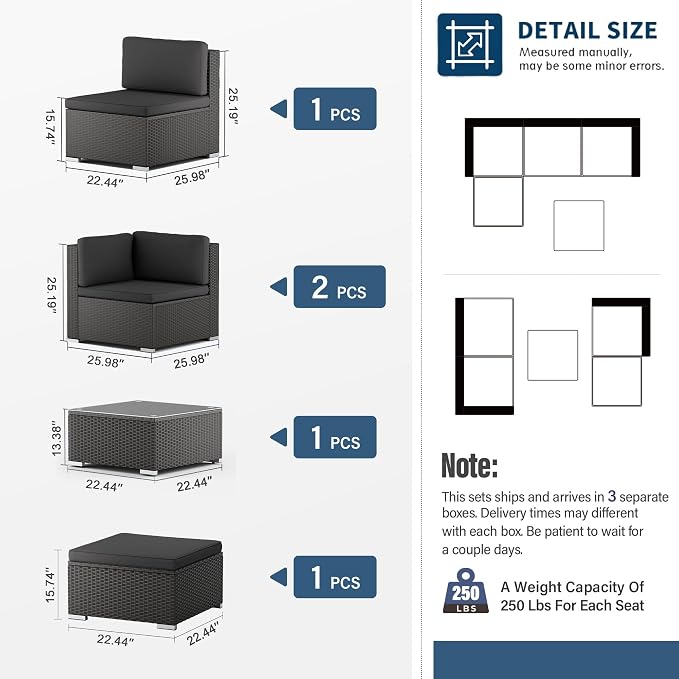 Oakcloud 5-Piece Outdoor Patio Furniture Sofa Set Black Rattan Wicker Sectional Conversation Sets with Glass Top Table and Cushions(Grey)