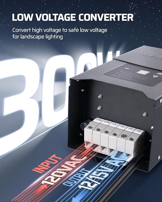 DEWENWILS 300W Low Voltage Landscape Lighting Transformer, 120V to 12/15V AC, Weatherproof Low Voltage Landscape Transformer with Photocell & Timer, Multi Zone Landscape Lighting Transformer