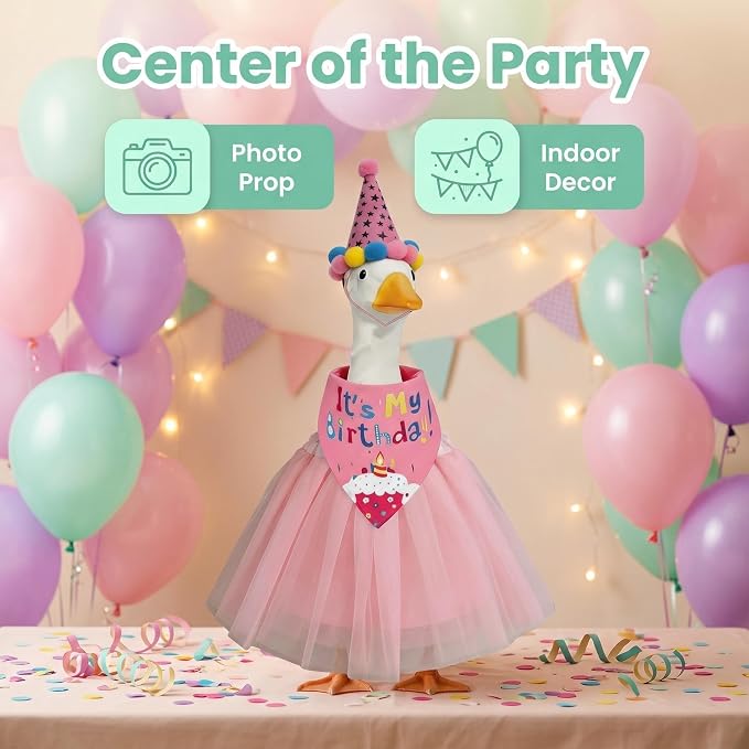 Birthday Porch Goose Outfits - 3Pcs Goose Outfits with Hat, Happy Birthday Bandana and Pink Tutu Skirt for 23 Inch Goose, Birth Party Goose Outfits Porch Goose Decor for Outdoor Garden Yard Patio