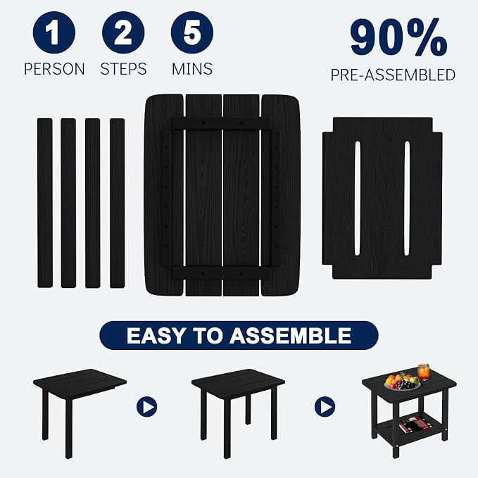 nevilywood HDPE Adirondack 2-Tier End Table Wood Texture- Weatherproof Outdoor Side Tables - Sturdy HDPE Material - Poolside, Patio,Lawn or Indoor & Black