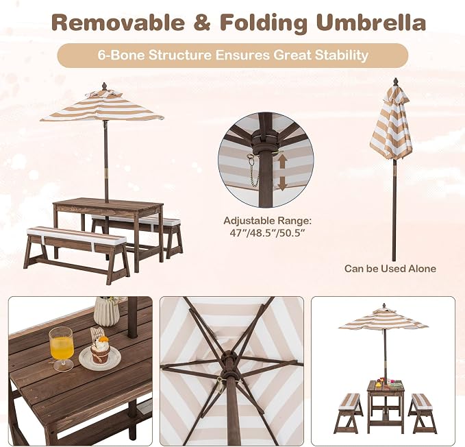 Olakids Kids Picnic Table, 2 in 1 Outdoor Toddler Wooden Table and Chair Set with Removable Cushions Height Adjustable Umbrella, Children Activity Furniture Bench for Patio Garden Backyard