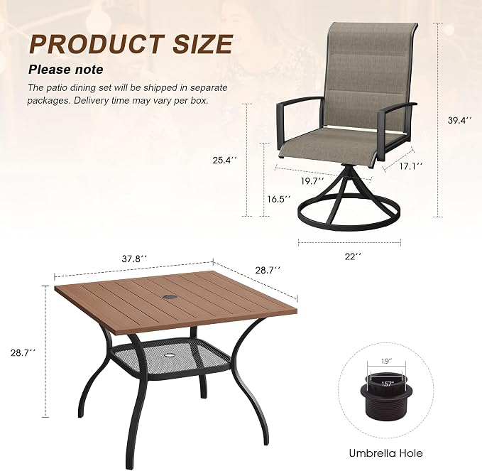 VICLLAX 5 Pieces Outdoor Dining Set, Patio Furniture Set Includes 38" Square Metal Table W/ 1.9" Umbrella Hole and 4 Padded Textilene Swivel Chairs for Porch, Lawn, Garden, Backyard
