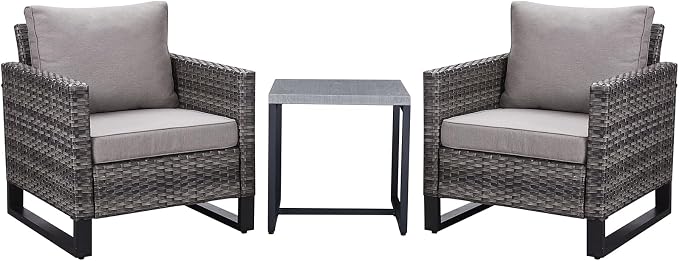 Belord Outdoor Bistro Set 3 Piece Outdoor Wicker Patio Chairs, Oversize Outdoor Rattan Seating Set, All-Weather Chairs Wicker Furniture with Metal Side Table and Water-Resistant Cushion for Outside