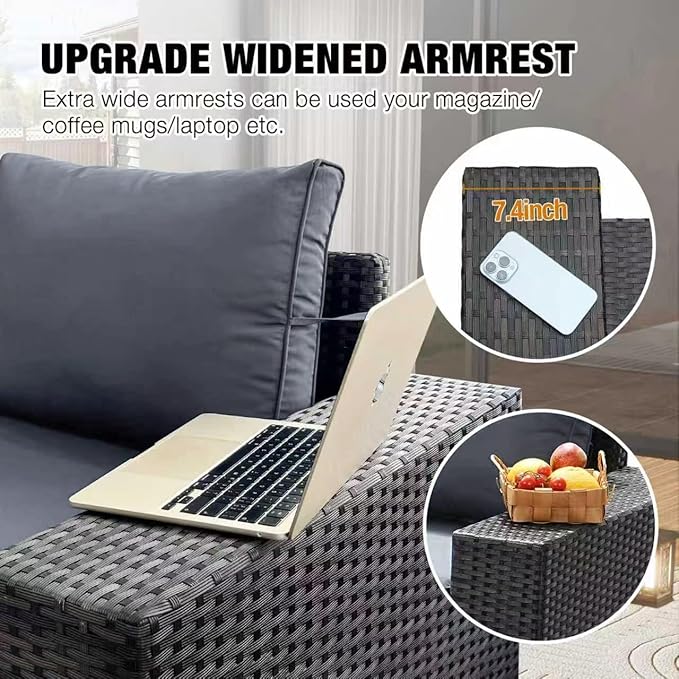 JOYURE 6 Pieces Patio Furniture Set All-Weather Outdoor Wicker Sectional Conversation Sofa Rattan Patio Seating Sofa with Cushion and Glass Table for Porch Poolside,Grey