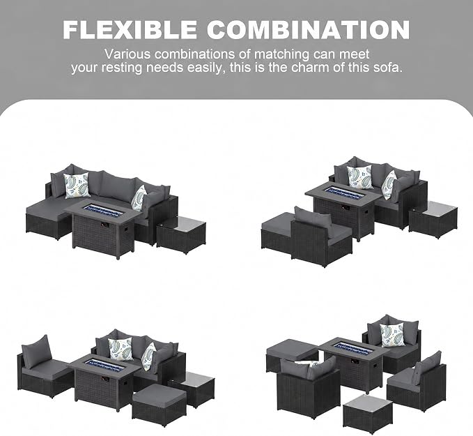 5 Piece Patio Furniture Sets, Outdoor Patio Set Sectional Sofa, All-Weather PE Rattan Couch with Cushion, Glass Table for Gatherings, Parties, Sports Viewing (Gray, 6-Piece Fire Pit Table Set)