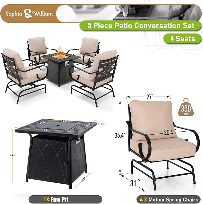 Sophia & William 5 Pieces Outdoor Patio Furniture Set with Gas Fire Pit Table, Patio Conversation Set with 4 Extra Large & High Back Motion Sofa Chairs & 28-Inch Fire Pit