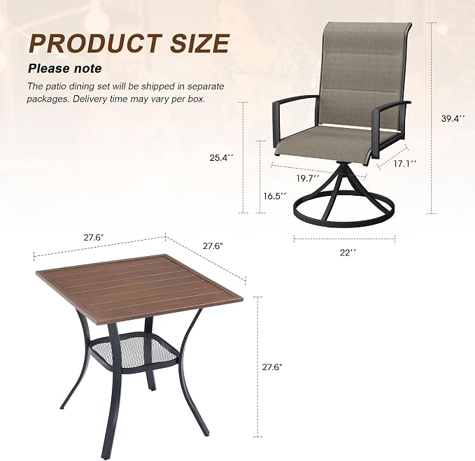 VICLLAX 3 Pieces Outdoor Dining Set, Patio Furniture Set Includes 27.6" Square Metal Table and 2 Padded Textilene Swivel Chairs for Porch, Lawn, Garden, Backyard