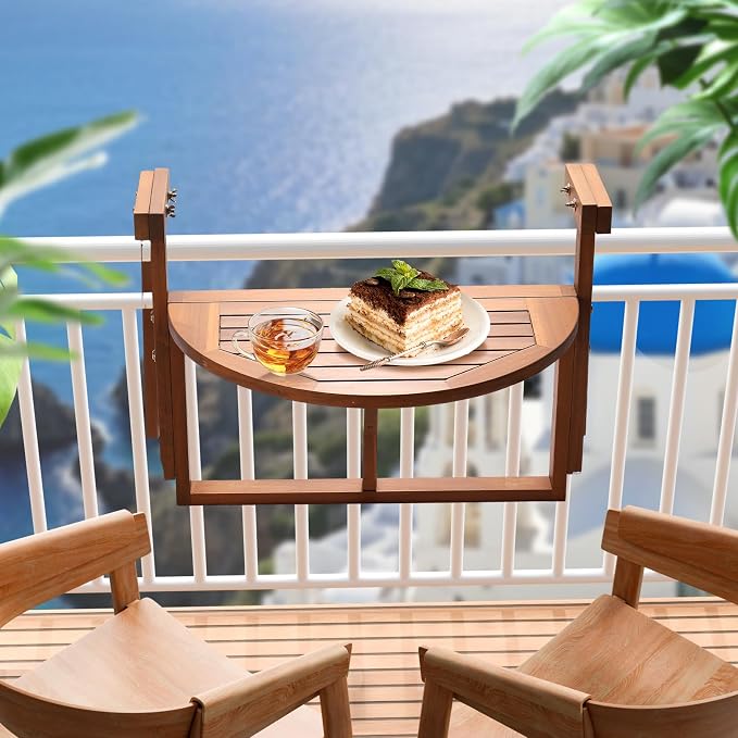 VINGLI 22in Acacia Wood Folding Balcony Hanging Table – Adjustable Height & Width, Balcony Railing Table Ideal for Different Railing Widths,Perfect for Balcony,Patio,Semicircular,Natural Wood Color
