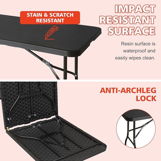 Portable 6Ft Folding Table, Heavy Duty Plastic Fold-in-Half Utility Foldable Dining Table, Multi-Purpose Plastic Folding Table with Carrying Handle for Camping and Party Indoor/Outdoor (Black)