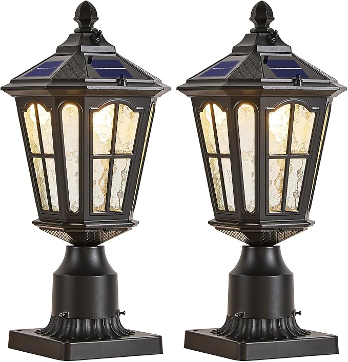 2 Pack Outdoor Solar Lamp Post Light with Pier Mount Base, Dusk to Dawn Aluminium Classic Exterior Pole Lamps with Water Ripple Glass, Solar Pillar Lights for Fence, Gate, Driveway, Black