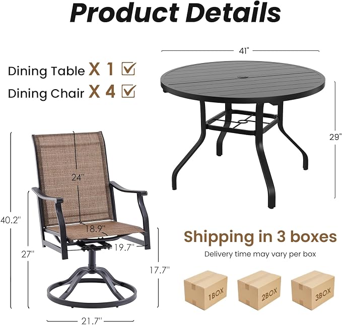 Soohow Outdoor Dining Set for 4, 5-Piece Round Table Patio Dining Set, 4 x Swivel Patio Chairs and 1 x 41 Round Outdoor Dining Table, for Poolside, Backyard and Proch