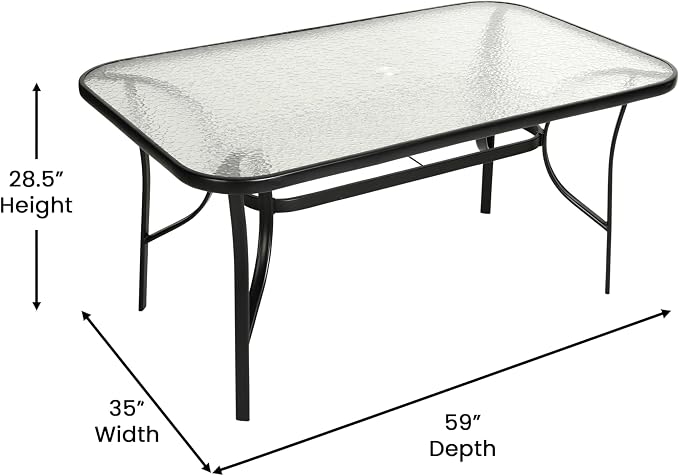 Merrick Lane Bardwell 7-Piece Outdoor Dining Table Set for 6, Glass Top Table with Hole for Umbrella, 6 Breathable Textilene Stackable Patio Chairs, Gray/Black