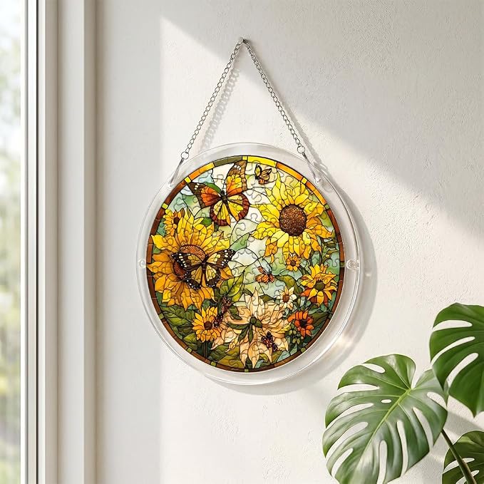 Acrylic Puzzle Suncatcher, Sunflower and Butterfly Stained Glass Window Hanging, Sun Catcher Puzzle Kit Home Decor, Creative Mothers Day and Birthdays Gifts for Mom, Wife, Sisters, 7.87 inch