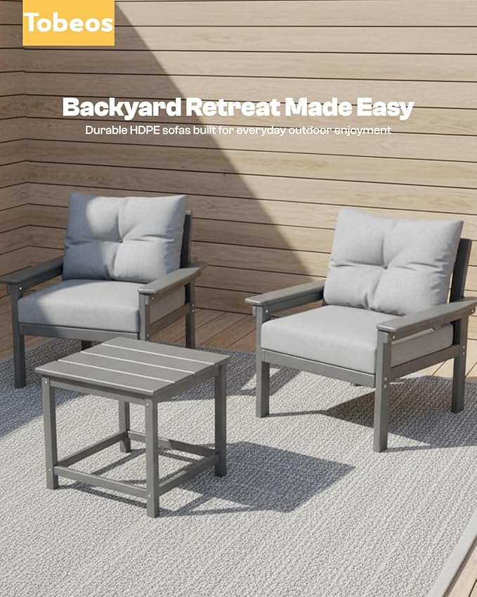 HDPE 7 Piece Patio Furniture Set, All-Weather Outdoor Couch Set with Thick Cushions & Coffee Table & Side Table, Patio Conversation Sets for Lawn, Garden, Balcony, Porch, Deck, Grey & Grey