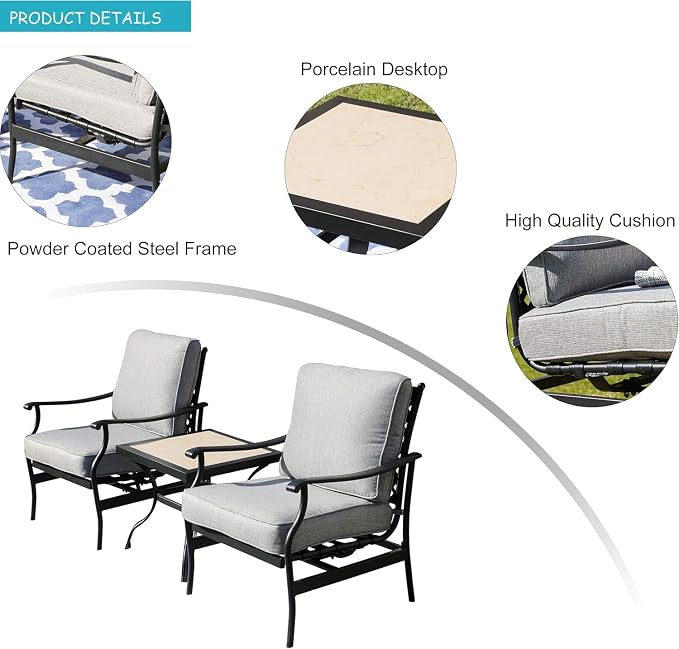 LOKATSE HOME 3 Piece Outdoor Furniture Set with 2 Patio Bistro Conversation Chairs and 21 inch Square Dining Table, Grey