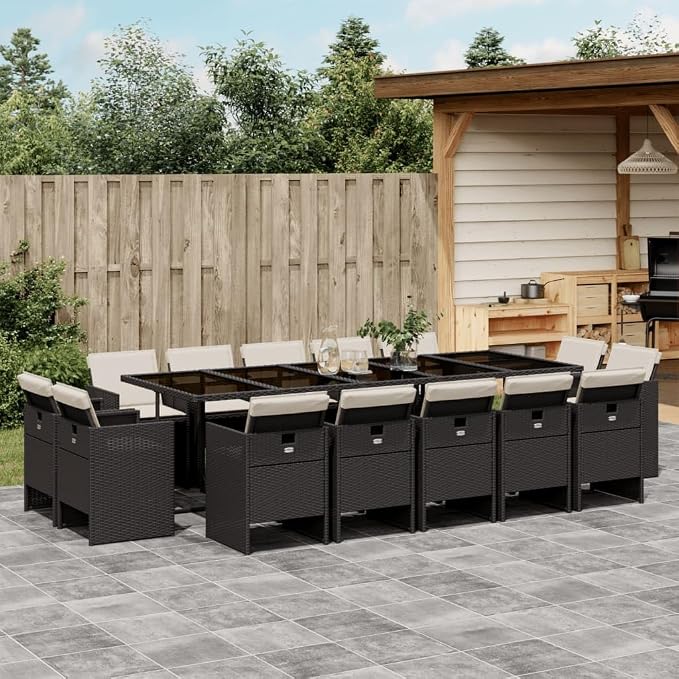 15-Piece Patio Dining Set with Cushions Black PE Rattan Outdoor Furniture Set for Garden Backyard Balcony Porch