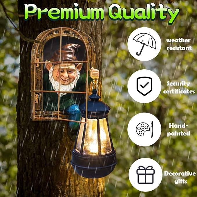 Garden Gnome Statue with Solar Lights Mom Dad Gifts Summer Decor Fairy Garden 10 in Elf Outdoor Tree Hugger Statues- Tree Face Sculpture, Yard Art for Patio,Fence,Lawn,Wall Gnomes Ornament