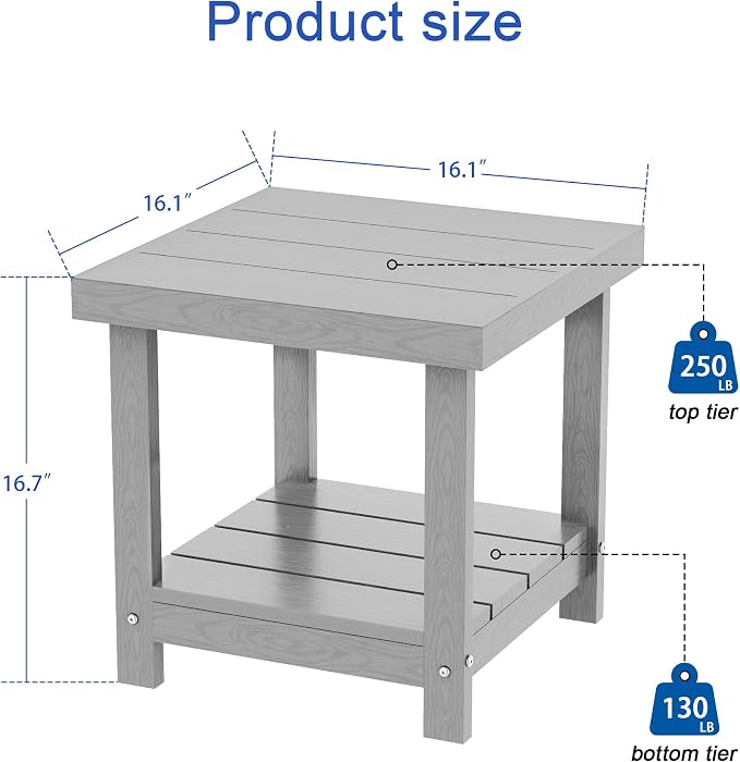 2-Tier HDPE Outdoor Square Side Table, Heavy-Duty Patio Side Table with Storage Shelf, Weather-Resistant Adirondack End Tables for Backyard, Pool, Porch, Garden, Lawn, Silver Grey