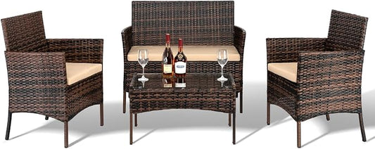 Outvita 4 Pieces Patio Furniture Set, Rattan Conversation Sets with Loveseat Soft Cushion and Glass Table for Garden Backyard Balcony Porch Poolside(Brown Gradient)