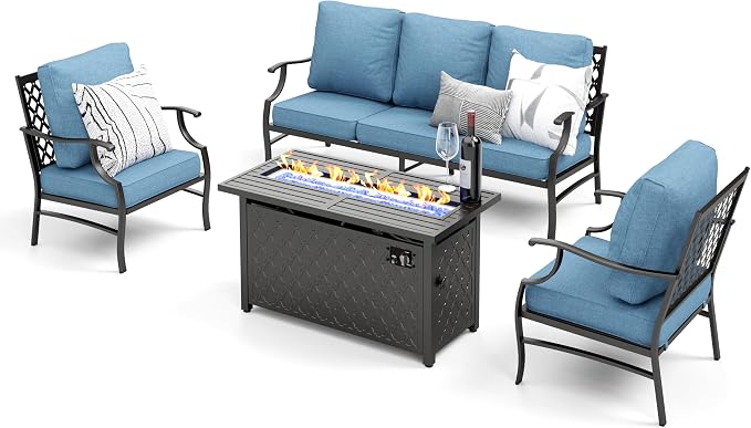 MIXPATIO Patio Furniture Set, 4 Pcs Metal Outdoor Conversation Set, 2 Single Chairs and 3 Seater Sofa with 5.75" Extra Thick Cushion and Gas Fire Pit Table for Backyard Deck, Navy Blue