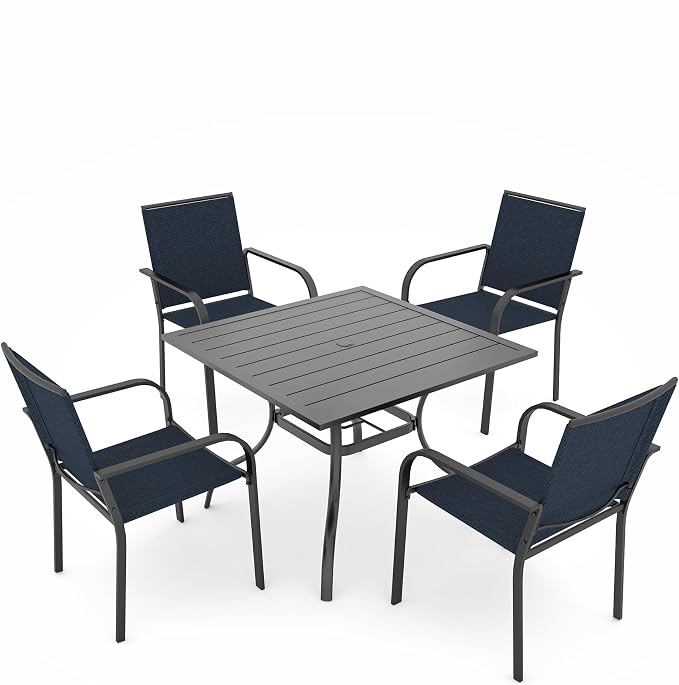 Anmutig 5 Pieces Patio Dining Set, Outdoor Furniture Set Includes 1 Square Patio Table and 4 Stackable Patio Chairs, Outdoor Table and Navy Chairs for Garden Backyard Deck