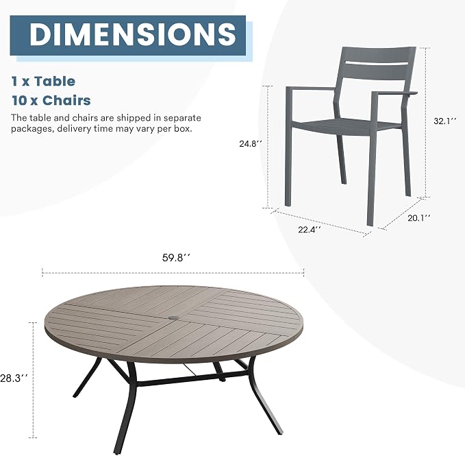 DIFY 11 Piece Outdoor Patio Dining Set for 10, 59.8" Round Dining Table with Umbrella Hole and Stackable Metal Chairs, Patio Table and Chairs Set for Backyard Garden Poolside, Grey Wood-Like & Grey