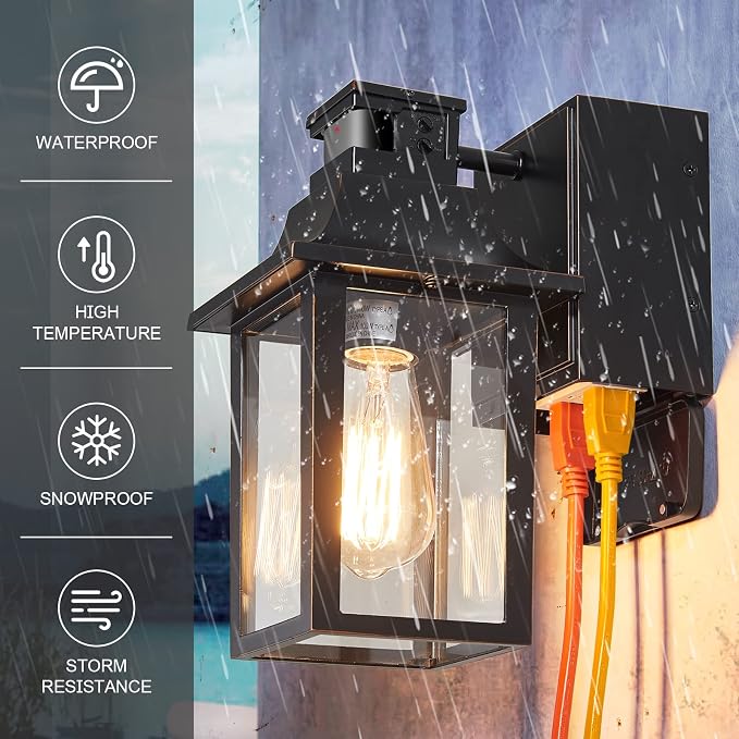 Porch Lights with GFCI Outlet,Dusk to Dawn Motion Sensor Outdoor Lights | 3 Light Modes Black Front Door Lights,Waterproof Outside Wall sconces for House,Patio,Garage, Bulb not Included(2 Pack)