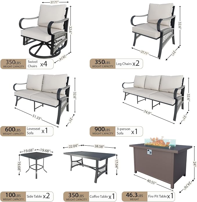 12 Pieces Outdoor Patio Conversation Sets, Outdoor Furniture Set Metal 3-Seater 4 Swivel Rockers with 2 Side Tables 2 Single Chairs 1 Loveseat with Coffee Table and Fire Pit Table for Backyard, Beige