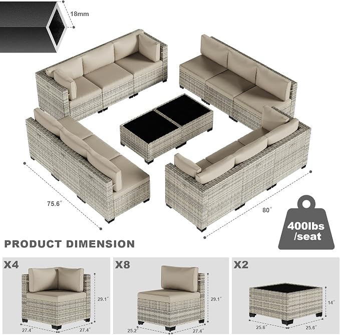 14-Piece Patio Furniture Set, Outdoor Sectional with Thick Cushions, Modular Patio Sofa, Dual-Strand Wicker Rattan, Rust-Resistant Frame, Backyard Furniture for Garden, Deck, Khaki