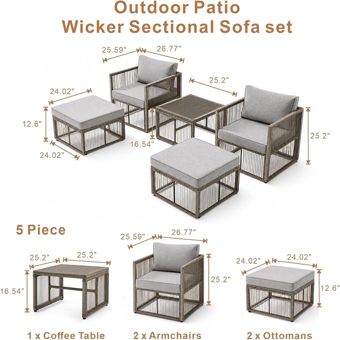 5 Piece Patio Furniture Set, Outdoor Sectional Sofa Set with 2 Ottomans, Coffee Table, Washable Cushions, All Weather Patio Wicker Conversation Set with Arm Chairs for Backyard, Porch, Balcony, Deck