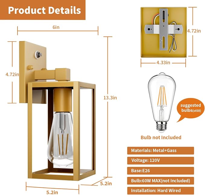 2 Pack Gold Dusk to Dawn Outdoor Front Porch Light Fixtures Wall Mount, Sensor Exterior Lantern Lamp, Outside Lights for House, Waterproof Wall Sconce, Anti Rust Coach Light for Garage Entryway