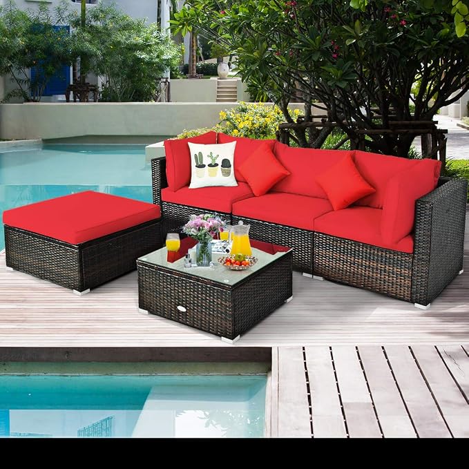 RELAX4LIFE 5-Piece Rattan Sofa Set - Wicker Conversation Set w/Armless Sofa, 2 Corner Sofas, Ottoman, Tempered Coffee Table, All Weather Outdoor Furniture Set for Patio, Poolside, Yard (Red)