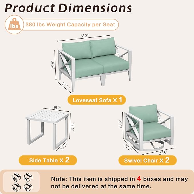 Patio Furniture Set with Swivel Rocking Chairs & Coffee Table – 4-Seat Aluminum Outdoor Conversation Set, Weather-Resistant for Balcony, Poolside, Garden – White