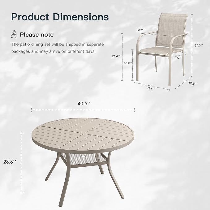 VICLLAX 5 Pieces Patio Outdoor Dining Set, 40.6" Round Metal Table with Umbrella Hole and Storage Shelf, 4 Stackable Textilene Chairs for Patio, Lawn, Garden, Porch, Sandshell