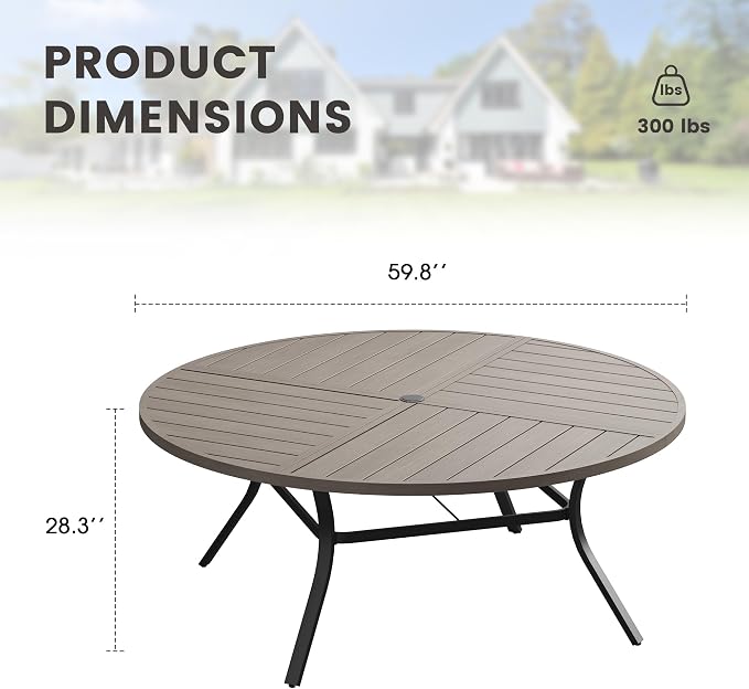 60" Outdoor Dining Table with Adjustable Umbrella Hole, Metal Slatted Round Patio Dining Table for Backyard Garden Deck, Antique Grey
