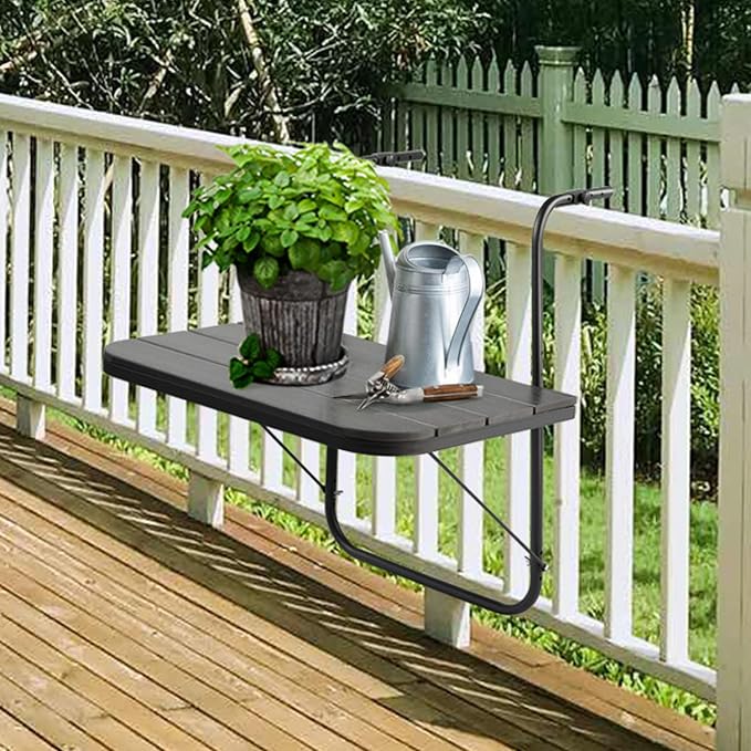 Balcony Railing Table Outdoor Hanging Folding Balcony Bar Table for Railings Patio Hanging Table on Railing Aluminium Metal Side Table Folding Adjustable 23.6"(L) x 15.7"(W) Black Set of 2